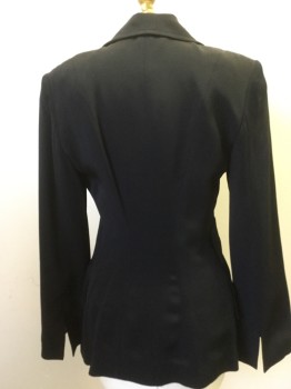CHRISTIAN LACROIX, Black, Acetate, Rayon, Solid, 1 Button Single Breasted, Rounded Lapel and Pointy Collar, 1 Faux Pocket Flap, & 2 Functioning Pockets with Flaps. Fitted at Waist . Gray Satin Brocade Lining