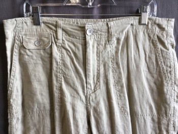 Mens, Shorts, CALVIN  KLEIN, Khaki Brown, Linen, Solid, 33, 1.5" Waistband with Belt Hoops, 6 Pockets, Zip Front,