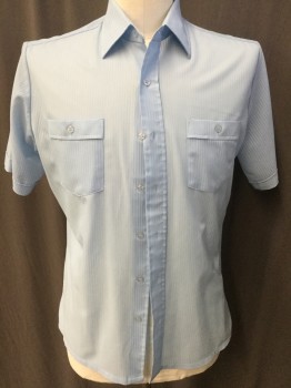 KINGSPORT, Baby Blue, Polyester, Stripes - Vertical , See Through Self Vertical Stripes, Collar Attached, Button Front, 2 Pockets, Long Sleeves, 2" Side Slip Hem