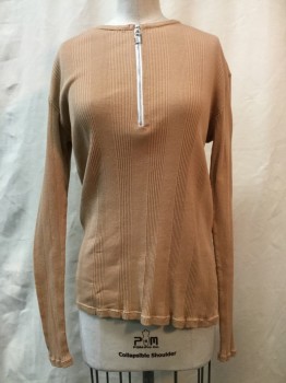 Womens, Top, NO LABEL, Camel Brown, Cotton, Solid, S, Camel, Ribbed, Zip Neck, Long Sleeves,