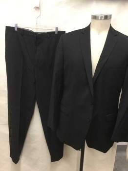CALVIN KLEIN, Black, Wool, Solid, Single Breasted, 3 Pockets, 2 Buttons,  Notched Lapel, Gabardine
