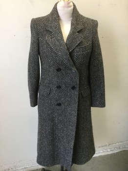 Womens, Coat, COATWORKS, Charcoal Gray, Lt Gray, Beige, Wool, Herringbone, Speckled, B:38, Charcoal and Light Gray Oversized Herringbone with Beige Specks, Heavy Wool, Double Breasted, Notched Lapel, Padded Shoulders, 3 Pockets, Knee Length,
