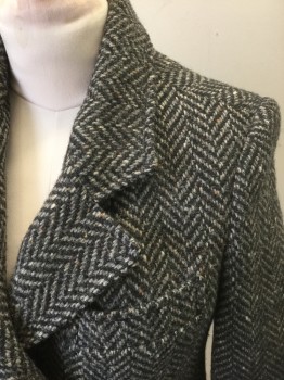 Womens, Coat, COATWORKS, Charcoal Gray, Lt Gray, Beige, Wool, Herringbone, Speckled, B:38, Charcoal and Light Gray Oversized Herringbone with Beige Specks, Heavy Wool, Double Breasted, Notched Lapel, Padded Shoulders, 3 Pockets, Knee Length,