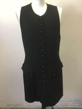 N/L MTO, Black, Wool, Solid, Long (Below Hip) Length, Open at Center Front with Many Black Bumpy Textured Buttons, Round Neck, 2 Pockets with Flaps Pointed at Center, Each with 2 Decorative Buttons, Vented at Sides and Back Hem, Made To Order 1700's Reproduction