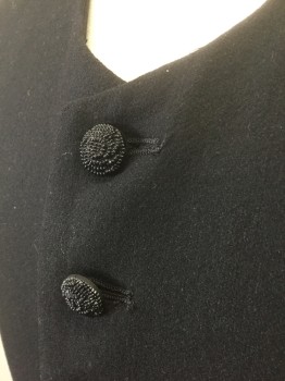 N/L MTO, Black, Wool, Solid, Long (Below Hip) Length, Open at Center Front with Many Black Bumpy Textured Buttons, Round Neck, 2 Pockets with Flaps Pointed at Center, Each with 2 Decorative Buttons, Vented at Sides and Back Hem, Made To Order 1700's Reproduction