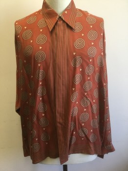 ESSONEE, Brick Red, Beige, Silk, Geometric, Abstract , with Beige Spirals, Triangles, and Vertical Stripes, Long Sleeve Button Front, Collar Attached,