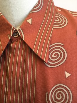 ESSONEE, Brick Red, Beige, Silk, Geometric, Abstract , with Beige Spirals, Triangles, and Vertical Stripes, Long Sleeve Button Front, Collar Attached,