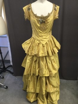 MTO, Gold, Silk, Solid, Scoop Neck, Capsleeves, Basque Waist, Gold Lace on Bodice and Sleeves, Sequine/rhinestone Applique, Four Tierd Skirt with Pleated Detail, Hook and Eye/snap Back