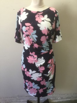 Womens, Dress, Short Sleeve, TAYLOR, Navy Blue, Lt Pink, Lt Blue, White, Polyester, Spandex, Floral, M, Navy with Light Pink/Light Blue/White Oversized Floral Pattern, Stretchy Material, Bateau/Boat Neck, 1/2 Sleeves with Ruffled Ends, Ruched at Side Waist, Knee Length
