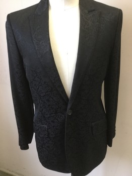 Mens, Sportcoat/Blazer, TED BAKER, Black, Wool, Viscose, Paisley/Swirls, 38 R, Black with Self Paisley Print, Peaked Lapel, Black Piping, One Button Front, Pocket Flaps