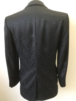 Mens, Sportcoat/Blazer, TED BAKER, Black, Wool, Viscose, Paisley/Swirls, 38 R, Black with Self Paisley Print, Peaked Lapel, Black Piping, One Button Front, Pocket Flaps