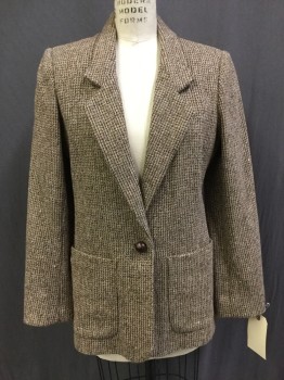 Womens, Blazer, BILL HARGATE, Tan Brown, Brown, Cream, Wool, Tweed, 8, Single Breasted, 1 Button, 2 Patch Pocket, Notched Lapel,