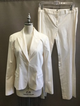 Womens, Suit, Jacket, TAHARI, White, Cotton, Elastane, Solid, 6, Single Breasted, Peaked Lapel, 1 Button, Fitted, White Top Stitching Detail at Lapel, Front Opening and 2 Pockets, White Lining