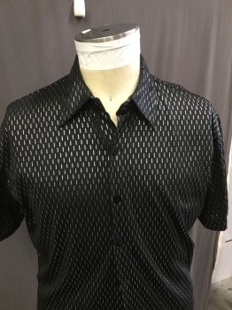 N/L, Black, Silver, Polyester, Speckled, Short Sleeve, Collar Attached Button Front