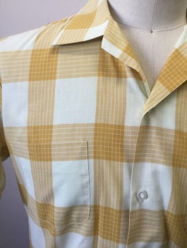 Mens, Casual Shirt, FOREMAN & CLARK, Mustard Yellow, Ecru, Poly/Cotton, Plaid-  Windowpane, L, Short Sleeve Button Front, Collar Attached, 2 Patch Pockets, Early-Mid 1960's