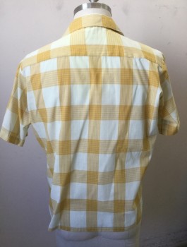 Mens, Casual Shirt, FOREMAN & CLARK, Mustard Yellow, Ecru, Poly/Cotton, Plaid-  Windowpane, L, Short Sleeve Button Front, Collar Attached, 2 Patch Pockets, Early-Mid 1960's