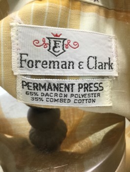 FOREMAN & CLARK, Mustard Yellow, Ecru, Poly/Cotton, Plaid-  Windowpane, Short Sleeve Button Front, Collar Attached, 2 Patch Pockets, Early-Mid 1960's