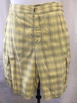 Mens, 1990s Vintage, P2, DEGREE, Lt Yellow, Ochre Brown-Yellow, Sage Green, Cotton, Plaid, W34", Flat Front Shorts, Zip Front, 2 Cargo Pocket, Elastic Side Waistband,