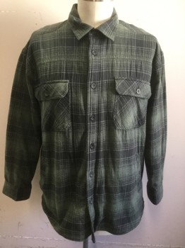OUTDOOR LIFE, Olive Green, Faded Black, Cotton, Polyester, Plaid, Long Sleeves, Button Front, 4 Pockets, Lined in Faux Sheepskin, Flannel,