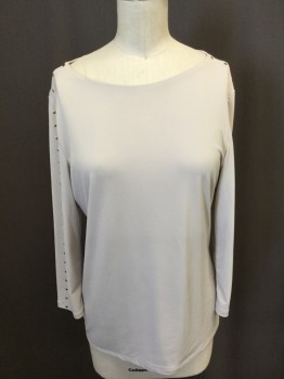 Womens, Top, CARMEN MARC VALVO, Lt Gray, Polyester, Spandex, Solid, M, Boat Neck, 3/4 Sleeves, Brass Stud Detail