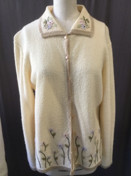 NL, Cream, Pink, Lavender Purple, Sage Green, Olive Green, Wool, Solid, Floral, Cardigan, Collar Attached, with Beige Trim, Floral Appliqué,