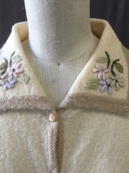 NL, Cream, Pink, Lavender Purple, Sage Green, Olive Green, Wool, Solid, Floral, Cardigan, Collar Attached, with Beige Trim, Floral Appliqué,