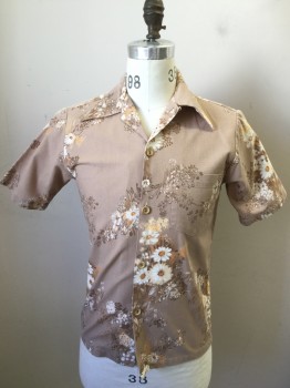 Mens, Casual Shirt, SURFLINE HAWAII, Tan Brown, White, Orange, Brown, Cotton, Floral, S, Hawaiian, Button Front, Pointy Collar Attached, 1 Pocket, Short Sleeves, Shoulder Burn