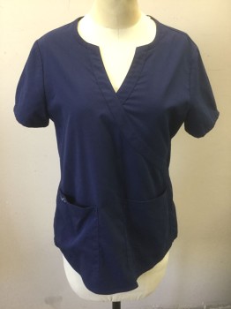 NRG BY BARCO, Navy Blue, Polyester, Rayon, Solid, Feminine Cut, Short Sleeves, Round Neck with Notched Center, Wrapped Look Detail, 2 Patch Pockets at Hips