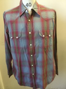 Mens, Western, LUCKY BRAND, Gray, Olive Green, Raspberry Pink, Cotton, Plaid, L, Collar Attached, White Button Snap Front, Long Sleeves, Pocket Flaps