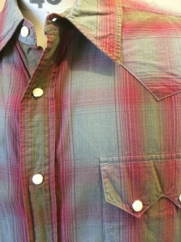 LUCKY BRAND, Gray, Olive Green, Raspberry Pink, Cotton, Plaid, Collar Attached, White Button Snap Front, Long Sleeves, Pocket Flaps