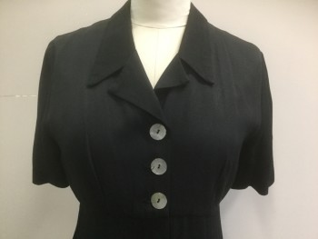 JESSICA HOWARD, Black, Rayon, Acetate, Solid, Crepe, Short Sleeves, Shirtwaist, Mother of Pearl Buttons, Notched Collar, Padded Shoulders, Empire Waist, Hem Mid-calf
