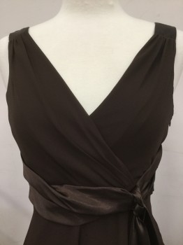 JONES WEAR, Brown, Polyester, Solid, Polyester Chiffon, Cross Over Pleated V-neck, 2 Inch Strap, Faux Wrap, Brown Satin Sash