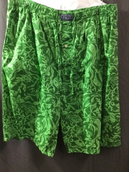 Mens, Swim Trunks, POLO RALPH LAUREN, Green, Lime Green, Cotton, Polyester, Animal Print, L, Green with Lime Fish/aquatic Plants Print, Elastic & D-string Waist Band, 2 Side Pockets