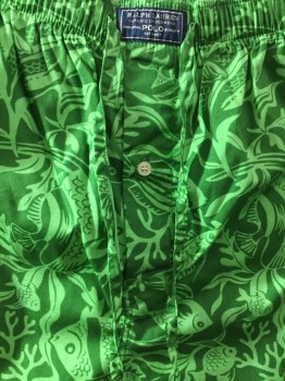 Mens, Swim Trunks, POLO RALPH LAUREN, Green, Lime Green, Cotton, Polyester, Animal Print, L, Green with Lime Fish/aquatic Plants Print, Elastic & D-string Waist Band, 2 Side Pockets