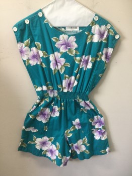 Womens, Romper, N/L, Teal Green, Purple, White, Green, Cotton, Floral, W 26, B 34, H 36, Jumpsuit Shorts, Cap Sleeve, White Button Shoulders, Elastic Smocked Waist, 2 Pockets