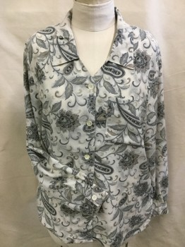 Womens, Blouse, ALFRED DUNNER, Ecru, Gray, Lt Brown, Black, Polyester, Floral, Paisley/Swirls, Sz.18, L/S, Button Front, Collar Attached, 1 Pocket