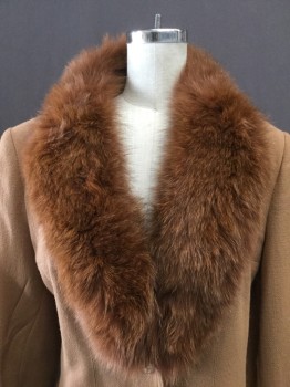 Womens, Coat, VERTIGO, Lt Brown, Wool, Fur, Solid, M, Brass Button Front, Shawl Collar Detachable Fox Fur Notched Lapel,