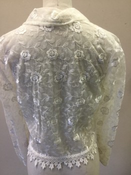 Womens, Blouse, N/L, White, Polyester, Floral, B:34, Lace, L/S, Button Front, Collar Attached, Lace Trim, Cropped