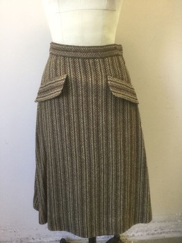 Womens, Skirt, N/L, Brown, Tan Brown, Cotton, Stripes - Vertical , Abstract , W:26, Brown and Tan Vertical Stripes with Geometric Lines, Thick Woven Fabric, 1.5" Waistband, A-line, 2 Faux Slanted Flap Pockets at Hips, Made To Order Reproduction, Has a Double