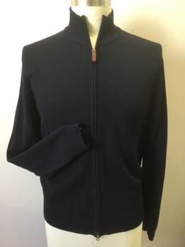Mens, Cardigan Sweater, J CREW, Navy Blue, Wool, Solid, Large, Zip Front, Rib Knit Collar/Cuffs/Waistband