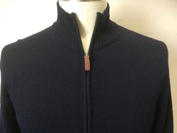 Mens, Cardigan Sweater, J CREW, Navy Blue, Wool, Solid, Large, Zip Front, Rib Knit Collar/Cuffs/Waistband