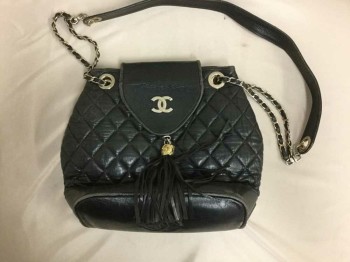 Womens, Purse, CHANEL, Black, Leather, Quilted Bucket Bag, Solid Flap Closure with Leather Tassel, Gold/leather Braided Strap and Solid Grommet Strap