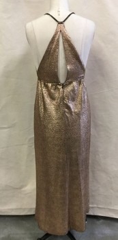 Womens, Evening Gown, Copper Metallic, Polyester, Spandex, Solid, Stretch, Sleeveless, Greek Goddess Look