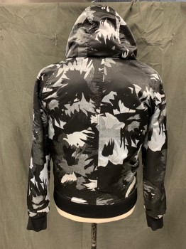 Mens, Casual Jacket, GUESS, Black, White, Gray, Silver, Polyester, Abstract , Floral, L, Zip Front, Attached Drawstring Hood, Raglan Long Sleeves, 2 Pockets, 1 Sleeve Pocket, Solid Black Ribbed Knit Waistband/Cuff, Light Fill