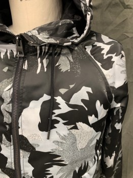 Mens, Casual Jacket, GUESS, Black, White, Gray, Silver, Polyester, Abstract , Floral, L, Zip Front, Attached Drawstring Hood, Raglan Long Sleeves, 2 Pockets, 1 Sleeve Pocket, Solid Black Ribbed Knit Waistband/Cuff, Light Fill