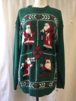 Womens, Pullover, WIP STITCH, Green, Ramie, Cotton, Holiday, L, Crew Neck, Santa Graphic