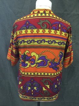 NOGARET, Orange, Purple, Mustard Yellow, Dk Red, Black, Cotton, Stripes, Leaves/Vines , Button Front, Collar Attached, Short Sleeves, Pleated at Back Yoke