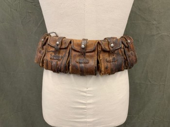 Unisex, Sci-Fi/Fantasy Belt, MTO, Brown, Leather, Solid, L, 5 Pouches Attached to Back, Brass Buckle, Attached Hooks, Aged/Distressed
