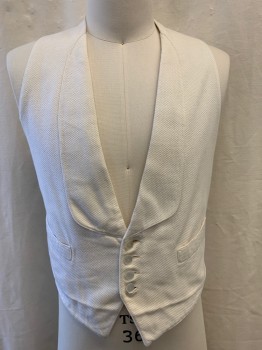 NO LABEL, Off White, Cotton, Wool, Pique Self Pattern, Shawl Lapel, Single Breasted, Button Front, 4 Fabric Covered Buttons, 2 Pockets, Belted Back