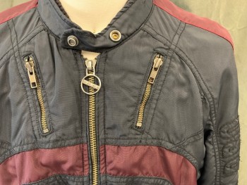 Mens, Casual Jacket, DIESEL, Red Burgundy, Midnight Blue, Nylon, Color Blocking, M, Zip Front, Snap Tab Band Collar, 3 Pockets, Raglan Long Sleeves, Curved Burgundy Stripes, Burgundy Sleeve Strips, 4 Zip Pockets, Ribbed Knit Under Collar, Black Embroidery on Sleeves (D-E/ZOL PRO)